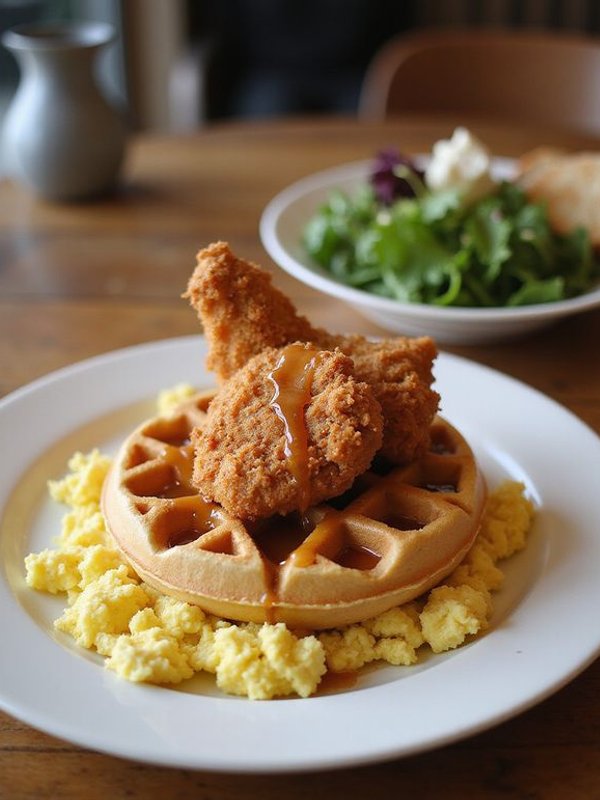 Signature fried chicken waffles with scrambled eggs