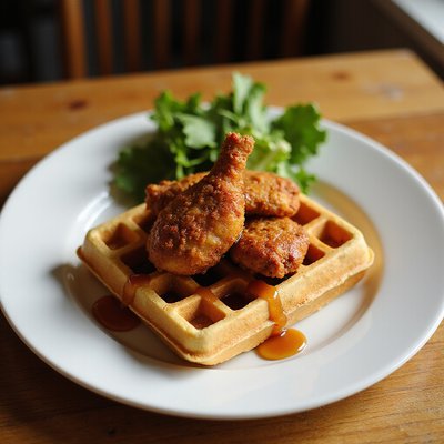 Signature fried chicken waffles with maple syrup