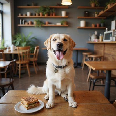 Happy pet enjoying the cafe ambiance indoors